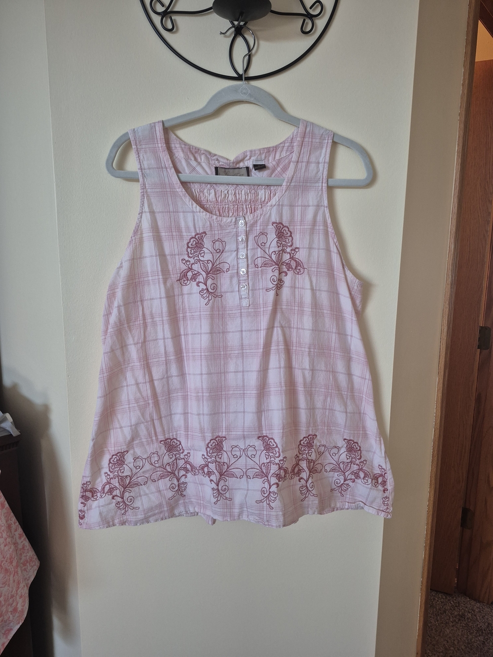 Womens Pink Embroidered Plaid Tank Top
